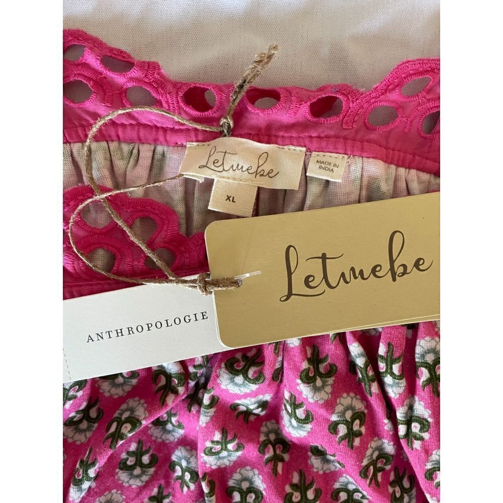 Anthropologie Letmebe Women's Top Shirt Blouse Size XL Hand Crafted Pink Rose Ne - Picture 7 of 13